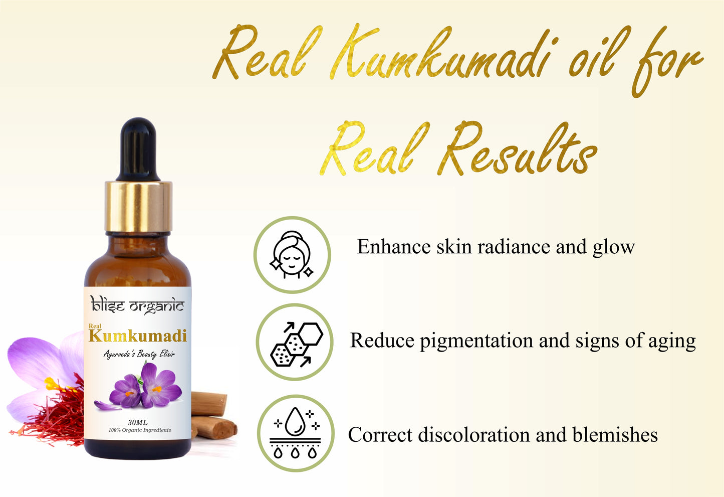 Real Kumkumadi Oil - 100% Natural and Organic, Beauty Elixir for immortal Glow